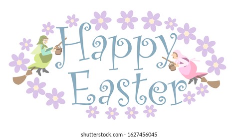 Happy Easter Greetings with scandinavian Easter Witches flying on broomsticks to Blockula (Blåkulla), vector illustration