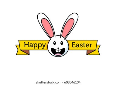 Happy easter greetings vector design with rabbit, spring elements and text. Isolated on white