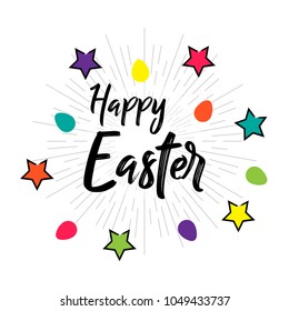 Happy Easter greetings vector illustration with eggs and decorative elements. Can be used for poster, banner, greetings, emblem, label, badge, and holiday backgrounds.