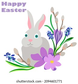happy Easter. The grey Easter bunny sits in spring flowers (crocuses, willow, primrose). Congratulations and gifts for Easter and spring. Hello Spring