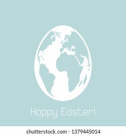 Happy Easter gritting card. White egg with world map isolated on blue background. Holiday symbol illustration. 