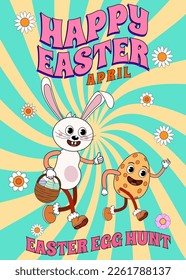 Happy Easter Groovy cartoon poster retro. Funny bunny with egg, Easter egg hunt