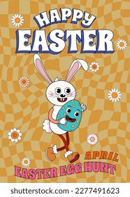 Happy Easter Groovy cartoon poster retro. Funny bunny with egg, Easter egg hunt
