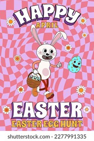 Retro de afiche de caricatura de Happy Easter Groovy. Conejo divertido con huevo, caza de huevos en Pascua
