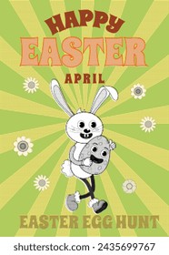 Happy Easter Groovy cartoon poster retro. Funny bunny with egg, Easter egg hunt