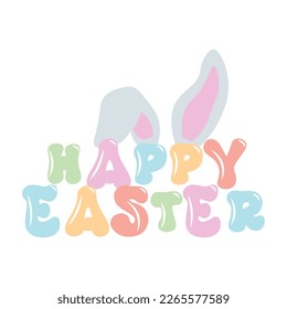 Happy Easter groovy lettering with bunny ears. Positive quote in handwritten retro style. Vector illustration