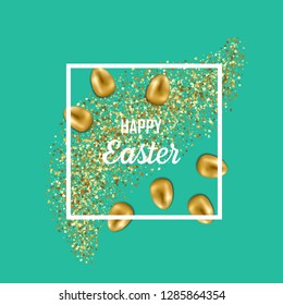 Happy Easter gteeting card with gold eggs and glitter. Luxury golden holliday postcard.