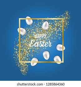 Happy Easter gteeting card with gold eggs and glitter on blue background. Luxury golden holliday postcard.