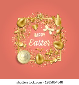 Happy Easter gteeting card with golden easter objects and glitter on coral background. Luxury holliday postcard.