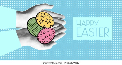 Happy easter halftone collage horizontal banner. Contemporary art poster with hands holding a painted eggs. Vector holiday pop art illustration