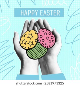 Happy easter halftone collage square banner. Contemporary art poster with hands holding a painted eggs. Vector holiday pop art illustration