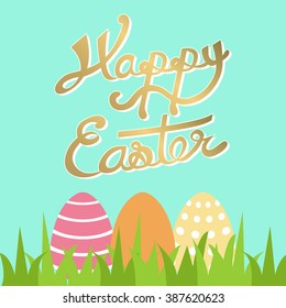 happy easter hand draw golden text  with egg , lettering calligraphy, vector
