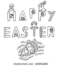 Happy Easter Hand Drawing Banner with Handwritten Letters. Ideal Sketch Card for Spring Celebration with Eggs and Rabbit. Invitation Poster with Festive Drawn Doodles Elements. Vector Illustration.