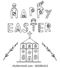 Happy Easter Hand Drawing Banner with Handwritten Letters. Ideal Sketch Card for Spring Celebration with Church. Invitation Poster with Festive Drawn Doodles Elements. Vector Illustration.