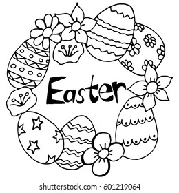 Happy Easter Hand Drawing Banner with Handwritten Letters. Ideal Sketch Card for Spring Celebration with Holiday Symbols. Invitation Poster with Festive Drawn Doodles Elements. Vector Illustration.