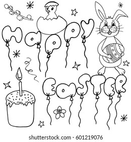 Happy Easter Hand Drawing Banner with Handwritten Letters. Ideal Sketch Card for Spring Celebration with Holiday Symbols. Invitation Poster with Festive Drawn Doodles Elements. Vector Illustration.