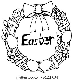 Happy Easter Hand Drawing Banner with Handwritten Letters. Ideal Sketch Card for Spring Celebration with Holiday Symbols. Invitation Poster with Festive Drawn Doodles Elements. Vector Illustration.