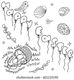 Happy Easter Hand Drawing Banner with Handwritten Letters. Ideal Sketch Card for Spring Celebration with Holiday Symbols. Invitation Poster with Festive Drawn Doodles Elements. Vector Illustration.