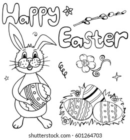 Happy Easter Hand Drawing Banner with Handwritten Letters. Ideal Sketch Card for Spring Celebration with Holiday Symbols. Invitation Poster with Festive Drawn Doodles Elements. Vector Illustration.