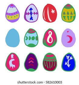 Happy Easter hand drawing eggs,titles set.For greeting Card,vector background.Easter egg shape silhouette with swirls pattern,hand drawing lettering.Isolated on white.Vintage decoration,logo,symbol.