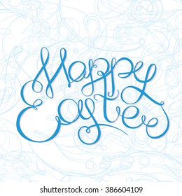 Happy easter Hand drawing lettering headline on decorative swirl blue background. Easter greeting card