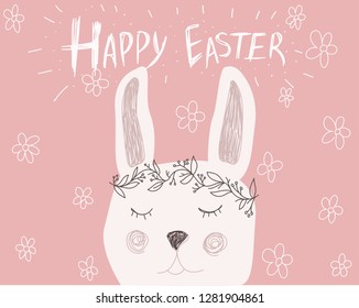 Happy Easter hand drawing rabbit card. Pink background