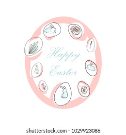 Happy Easter hand drawn abstract round  illustration with different floral shapes and textures. Easter doodle eggs and rabbits. Cute cartoon background for greeting cards, invitations, web banners.