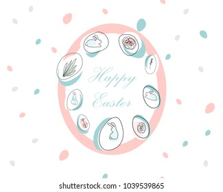 Happy Easter hand drawn  abstract card  with different floral shapes and textures. Easter doodle eggs and rabbits. Cute cartoon background for greeting cards, invitations, web banners. Unusual design.