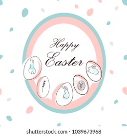 
Happy Easter hand drawn  abstract card  with different floral shapes and textures. Easter doodle eggs and rabbits. Cute cartoon background for greeting cards, invitations, web banners. Unusual design