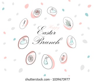 
Happy Easter hand drawn  abstract card  with different floral shapes and textures. Easter doodle eggs and rabbits. Cute cartoon background for greeting cards, invitations, web banners. Unusual design