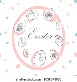 
Happy Easter hand drawn  abstract card  with different floral shapes and textures. Easter doodle eggs and rabbits. Cute cartoon background for greeting cards, invitations, web banners. Unusual design