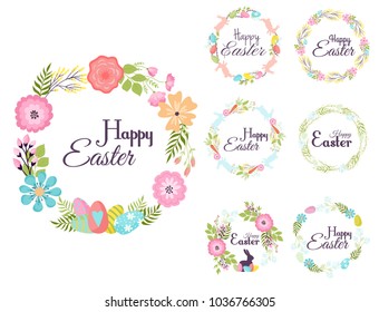 Happy easter hand drawn badge hand lettering greeting decoration natural wreath spring flower vector illustration