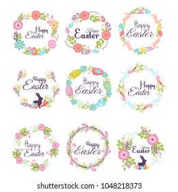 Happy easter hand drawn badge hand lettering greeting decoration natural wreath spring flower vector illustration