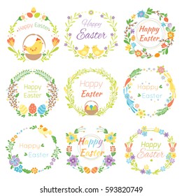 Happy easter hand drawn badge with hand lettering greeting decoration element and natural wreath handmade style vintage symbol spring flower vector illustration.