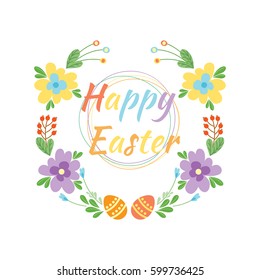 Happy easter hand drawn badge with hand lettering greeting decoration element and natural wreath handmade style vintage symbol spring flower vector illustration.