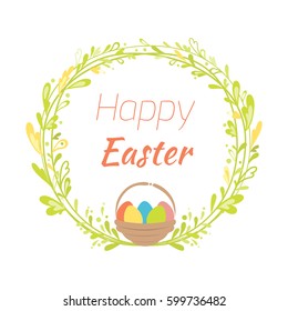 Happy easter hand drawn badge with hand lettering greeting decoration element and natural wreath handmade style vintage symbol spring flower vector illustration.