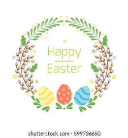 Happy easter hand drawn badge with hand lettering greeting decoration element and natural wreath handmade style vintage symbol spring flower vector illustration.