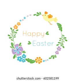 Happy easter hand drawn badge with hand lettering greeting decoration element and natural wreath handmade style vintage symbol spring flower vector illustration.
