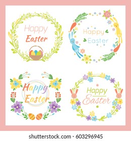Happy easter hand drawn badge with hand lettering greeting decoration element and natural wreath handmade style vintage symbol spring flower vector illustration.