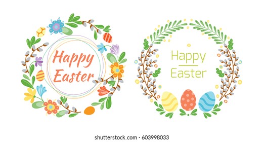 Happy easter hand drawn badge with hand lettering greeting decoration element and natural wreath handmade style vintage symbol spring flower vector illustration.