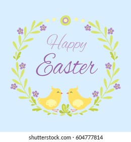 Happy easter hand drawn badge with hand lettering greeting decoration element and natural wreath handmade style vintage symbol spring flower vector illustration.