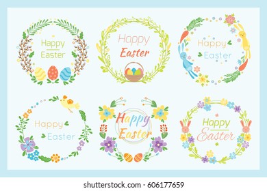 Happy easter hand drawn badge with hand lettering greeting decoration element and natural wreath handmade style vintage symbol spring flower vector illustration.