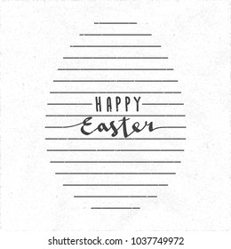 Happy Easter Hand Drawn Calligraphic Logo and Flat Egg Shape Created by Repeating Horizontal Lines with Lettering - Black Elements on White Rough Paper Background - Retro Style Graphic Design