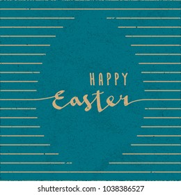 Happy Easter Hand Drawn Calligraphic Logo and Blank Egg Shape Created by Repeating Horizontal Lines with Lettering - Beige Elements on Turquoise Rough Paper Background - Retro Style Graphic Design