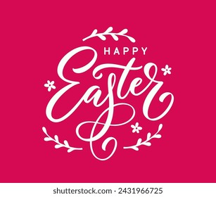 Happy Easter hand drawn calligraphic text. Holiday hand lettering with decoration elements. Vector text for Easter.