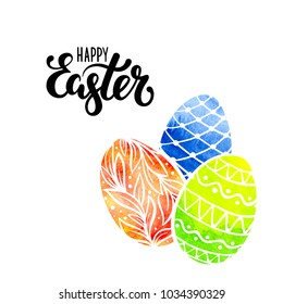 happy Easter Hand drawn calligraphy and brush pen lettering with watercolor eggs. design for holiday greeting card, invitation, posters, banners of the happy Easter day
