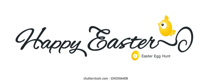 Happy Easter hand drawn calligraphy with yellow egg and little chick