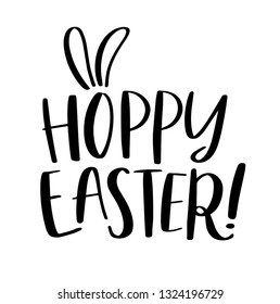 Happy Easter hand drawn calligraphy. Hoppy Easter rabbit ears. Brush pen lettering. Design for holiday greeting cards, invitations, t shirt.