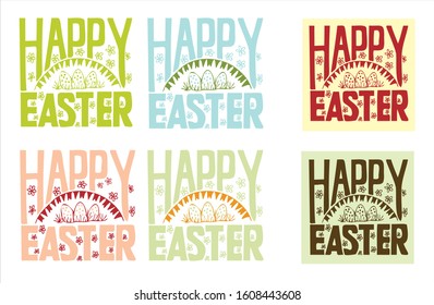 Happy Easter hand drawn calligraphy and brush pen lettering. Inscription with Easter eggs in the grass. Design for holiday greeting cards and invitation.