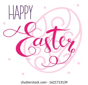happy Easter Hand drawn calligraphy and brush pen lettering. There are colored egg and dot behind the quote.design for holiday greeting card and invitation of the happy Easter day. Colored background.